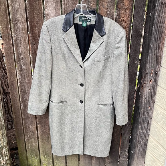 Lauren Ralph Lauren Wm’s Vintage Wool Tweed Leather Collar Long Blazer Jacket - Picture 1 of 15